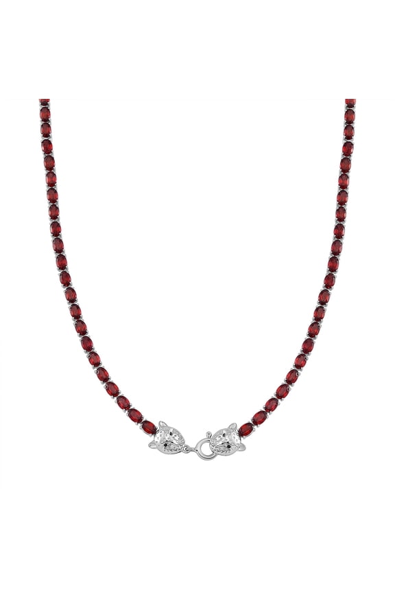 Tanzanian Wine Garnet and Black Spinel 32.80 ctw Double Leopard Head Necklace in Rhodium Over Sterling Silver 18 Inches Christmas Gifts