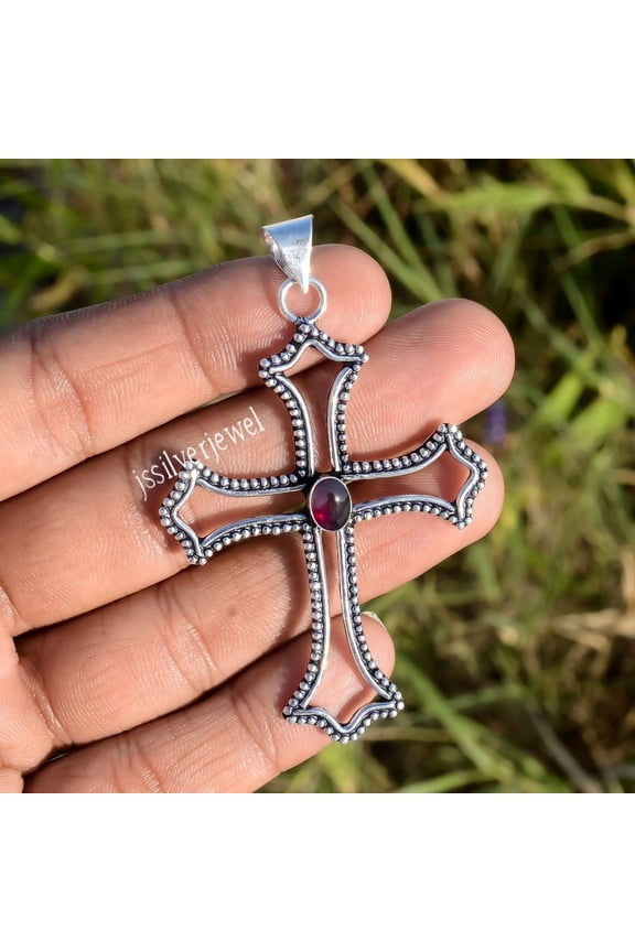 Garnet Cross, 925 Sterling Silver Pendant, Handmade Jewelry, Jesus Cross Pendant