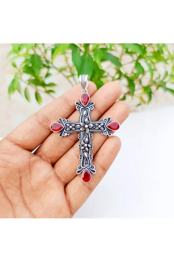 Garnet Cross Pendant 925 Sterling Silver Polished Handmade Gemstone Jewelry 2.83"