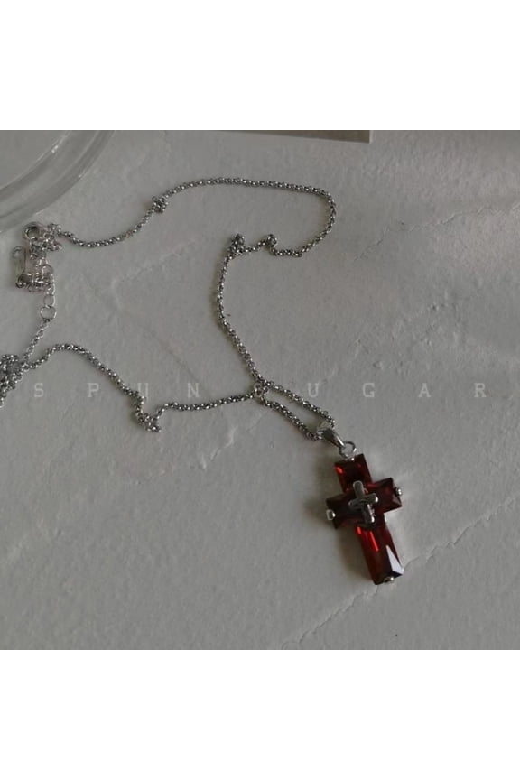 Garnet Cross Pendant Necklace Zircon Accent Adjustable Chain Religious Jewelry Unisex Gift