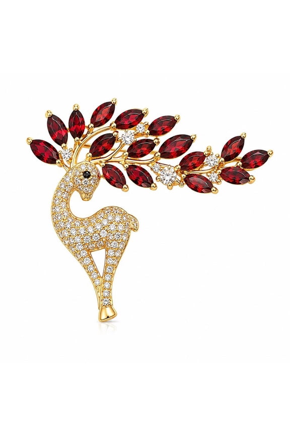 Garnet Deer Brooch Pin  Gold CZ Animal Brooch  925 Sterling Silver Gold Plated Nature Inspired Jewelry  Handmade Statement Lapel Pin Gift for Her Him