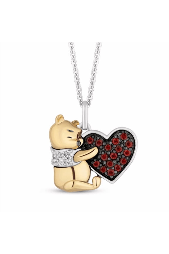 Garnet and Diamond Winnie the Pooh hugging Heart Pendant in 925 Sterling Silver 14K Two-Tone Gold Vermeil Dainty Bear Necklace,Pooh Bear Pendant With 18" Chain pooh Charm Pendant Gift for her
