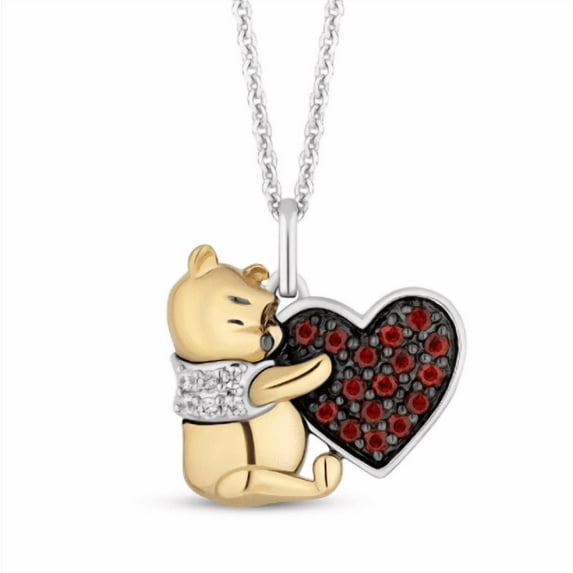 Garnet and Diamond Winnie the Pooh hugging Heart Pendant in 925 Sterling Silver 14K Two-Tone Gold Vermeil Dainty Bear Necklace,Pooh Bear Pendant With 18" Chain pooh Charm Pendant Gift for her