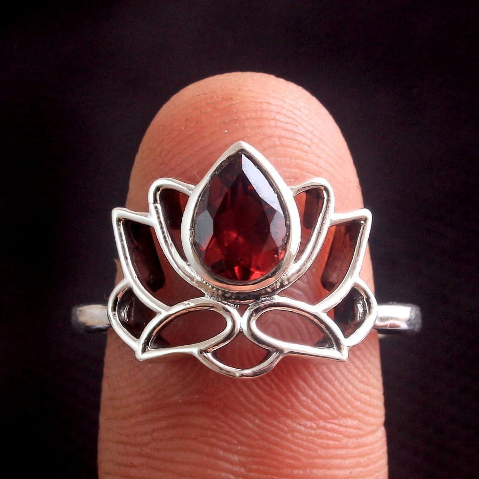 Garnet Lotus Ring Solid 925 Sterling Silver January Birthstone