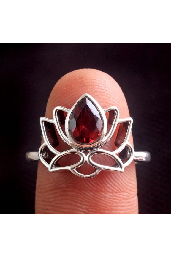 Garnet Lotus Ring Solid 925 Sterling Silver January Birthstone Jewelry Handmade Ring