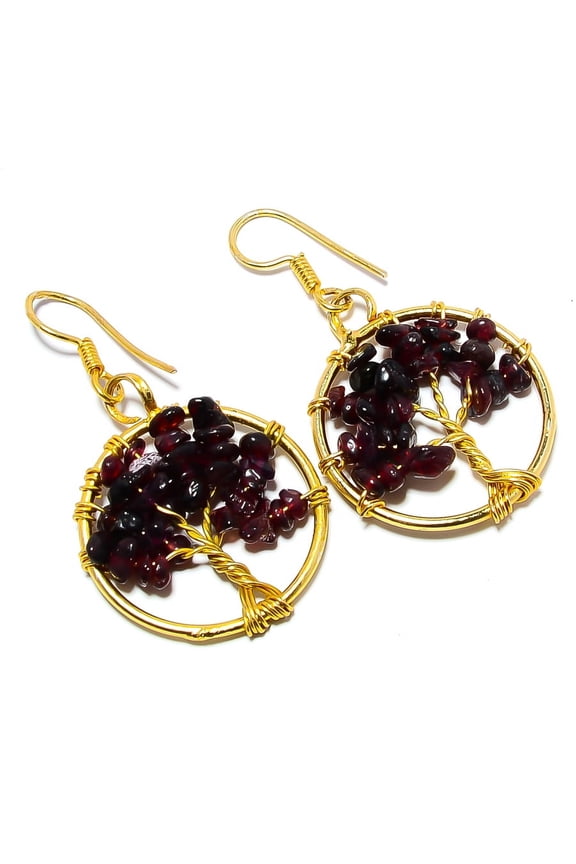 Garnet - Mozambique Designer Gold Plated Earring 1.76" F256, Gemstone Silver Jewelry, New Year Sale, Valentin's Day Gift