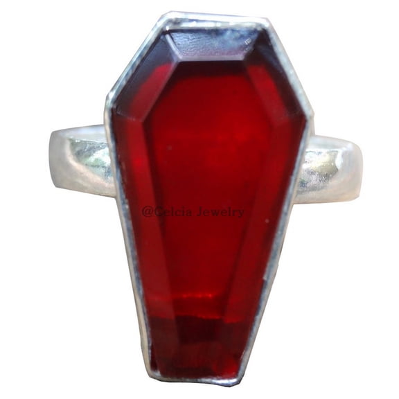 Garnet Natural Gemstone Coffin Ring, Genuine 925 Sterling Silver, Statement Promise Ring, Engagement Wedding Birthday Men's Women's Ring, January Birthstone Unique Gifts For Him (garnet, Size 7)