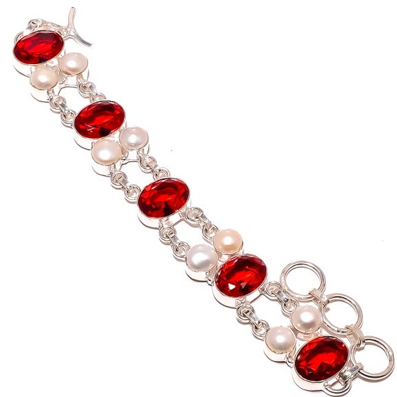 Garnet & Pearl 925 Silver Plated Ethnic Bracelet 7-7.99" TB0-129, Valentine's Day Gift, Birthday Gift, Beautiful Jewelry For Woman & Girls