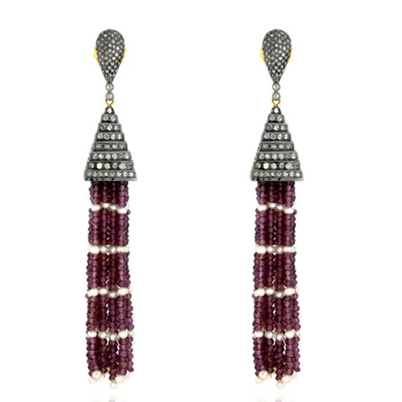 Garnet Pearl Tassel Earrings Pave Diamond 18k Gold 925 Silver Jewelry With Free Jewelry Box
