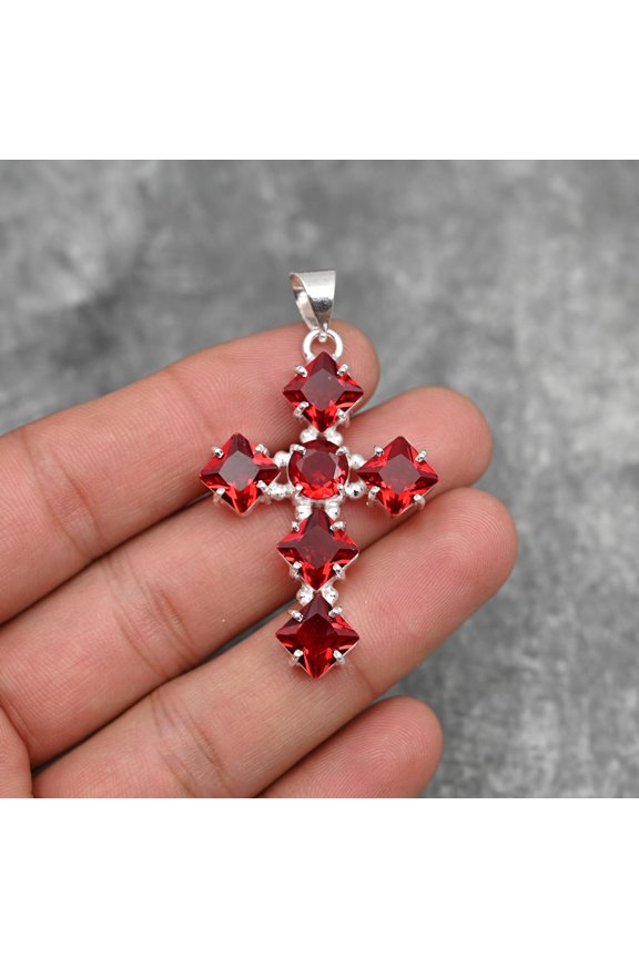 Garnet Pendant 925 Sterling Silver Polished Pendant Garnet Gemstone Pendant Cross Pendant Handmade Pendant Jewelry Garnet Jewelry Gift for Her Mother
