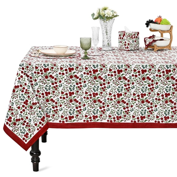 Garnet Red Hand Block Printton Rectangle Tablecloth 160" X 72" Inches Reusable Table Cover Decorative Everydaye For Dining Room Farmhouse Home Gift Spring Mother's Day
