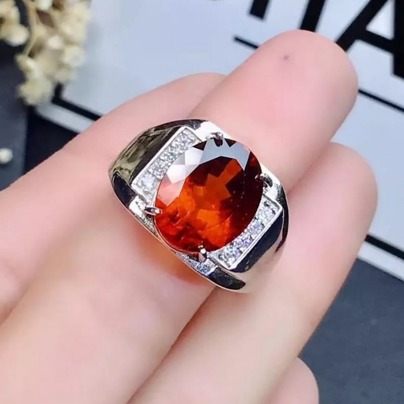 Natural Hessonite Garnet Silver Ring - 7 Carat Oval Birthstone, Sterling Silver, All Sizes - View #6