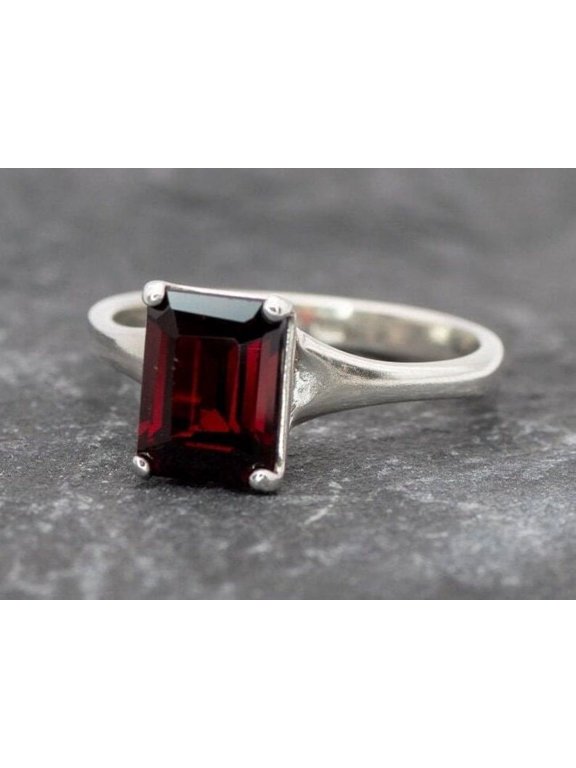 Garnet Ring, January Birthstone, Natural Garnet Rectangle Ring, Silver Ring, Solitaire Engagement Ring, Red Solitaire Ring, Engagement Ring