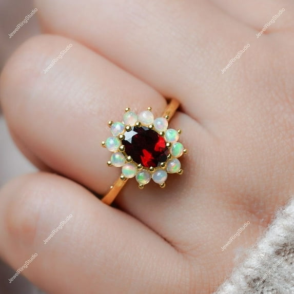 Garnet Ring Opal Engagement Ring for Women Jewelry,Anniversary Gift Silver Gold Women Ring January Birthstone Gift