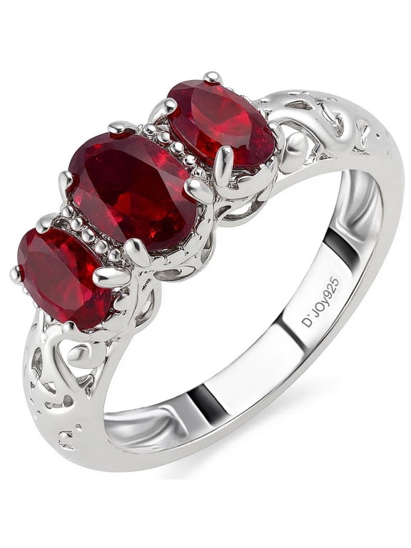3-Stone Garnet Ring for Women Size 7 Silver Platinum Plated