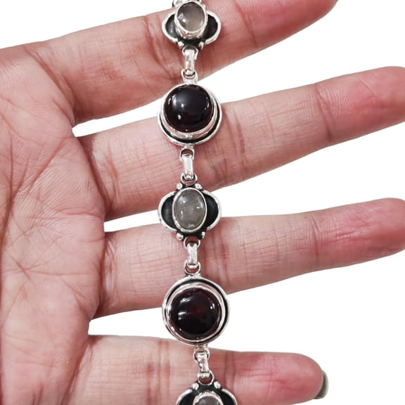 Garnet & Rose Quartz Gemstone Bracelet, Natural Garnet & Quartz Bracelet, 925 Sterling Silver jewelry, Silver bracelet, Bracelet for Wedding, Birthday Gift, Womens Bracelet Gift, Handmade Bracelet