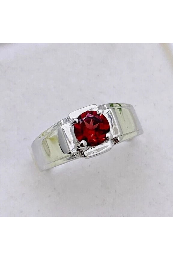 Garnet Signet Ring- Round Cut Shape 925 Sterling Silver Ring- Engraved Ring- Red Garnet Gemstone Ring- Garnet Men's Anniversary Gift Ring.