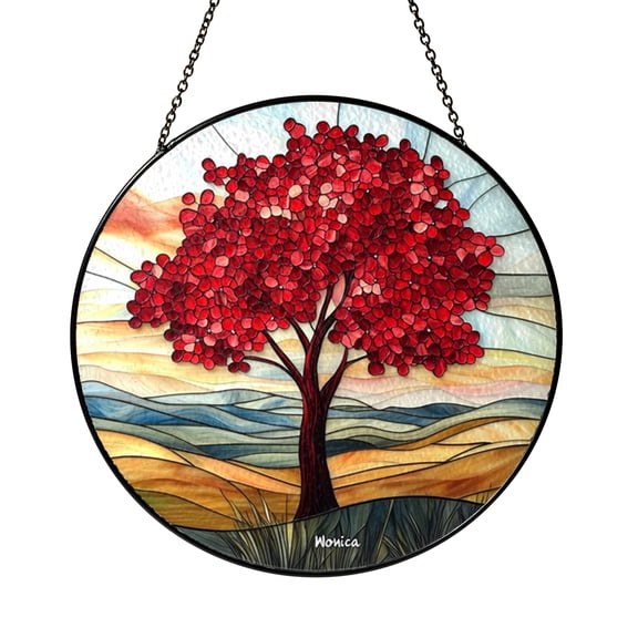 Garnet Tree of Life Stained Glass Suncatcher, Round Window Hanging with Deep Red Tones, Symbolic Nature Decor Accent