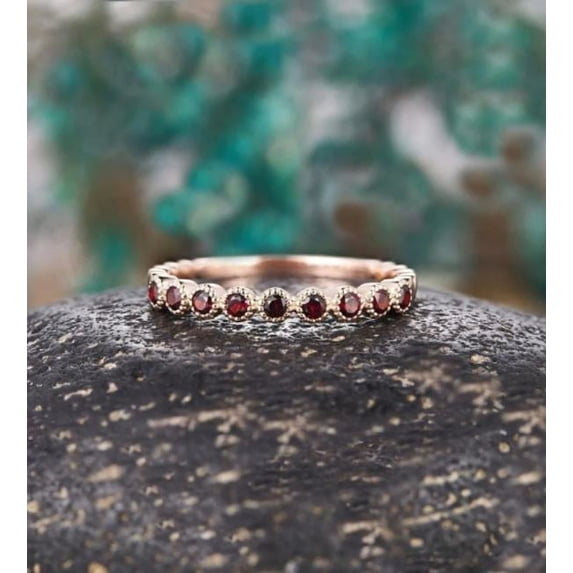 Garnet Wedding Half Eternity Band Ring Anniversary Stacking Ring 925 Sterling Silver Yellow Gold Plated Gemstone Jewelry For Women Gift By KIRAN FINE JEWELS