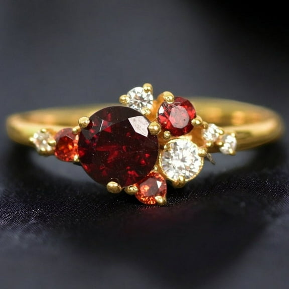 Garnet Wedding Ring,Diamond Cluster Ring,Women Engagement Ring Multi Gemstone Engagement Gift