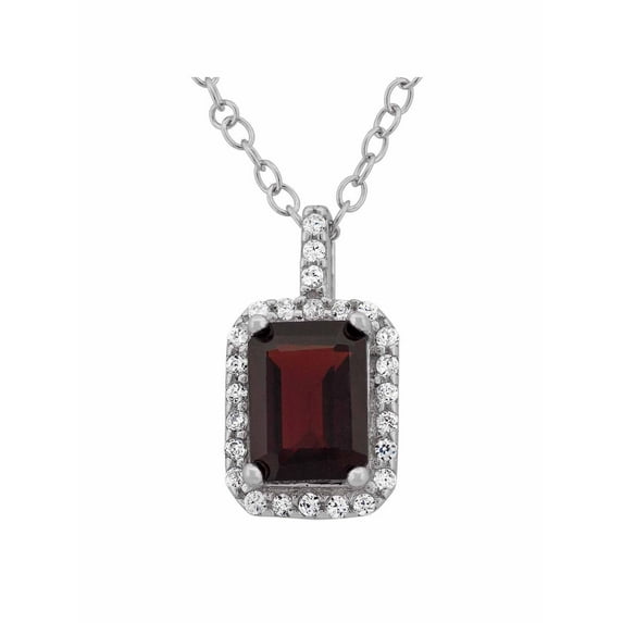 Garnet and CZ Sterling Silver Emerald-Cut Halo Pendant, 18"