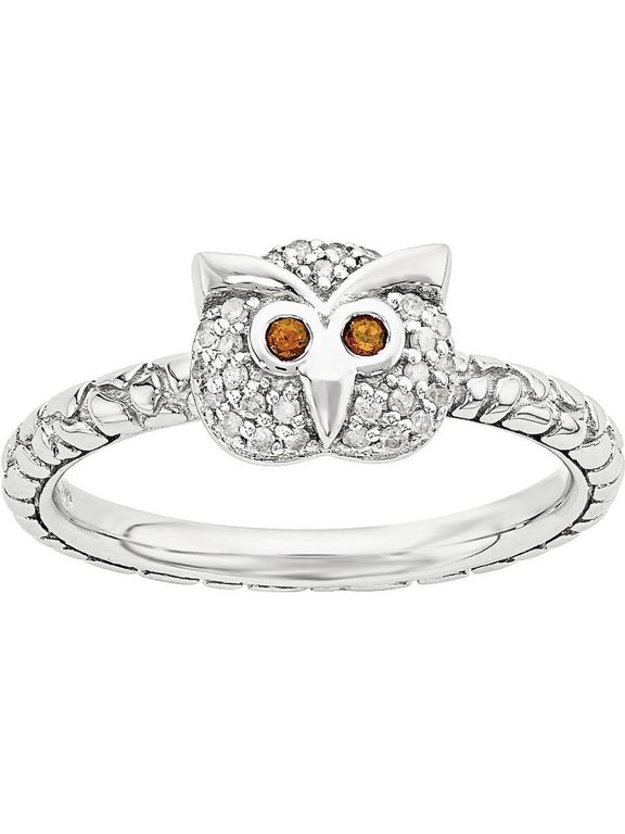 Garnet and Diamond Sterling Silver Owl Ring