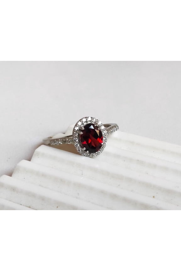 Garnet ring, cushion cut engagement ring, sterling silver, January birthstone, natural garnet