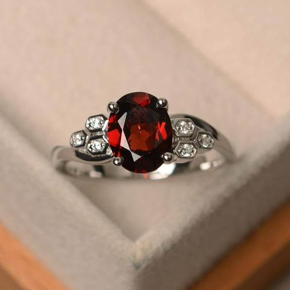 Garnet ring for women, oval cut engagement ring, January birthstone ring, sterling silver ring