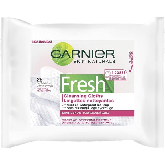 Garnier Fresh Dry Skin Cloths for Normal to Dry Skin. Waterproof Makeup Remover, with Vitamin E and Rose Extract, 25-Count