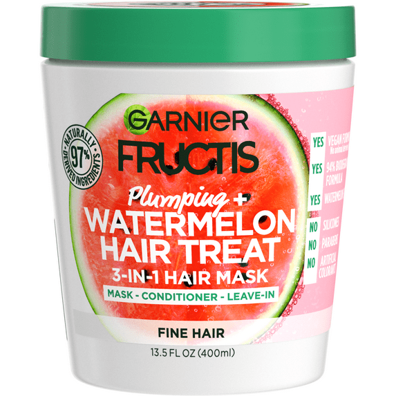 Garnier Fructis Plumping Nourishing Treat 3 in 1 Hair Mask, Frizzy Hair, Watermelon Extract, 13.5 fl oz