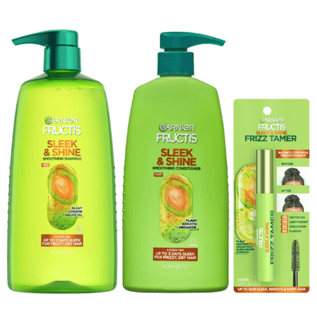 Garnier Fructis Sleek & Shine Smoothing Shampoo, Conditioner, & Styling Gel Set with Plant Keratin, 33.8 fl oz