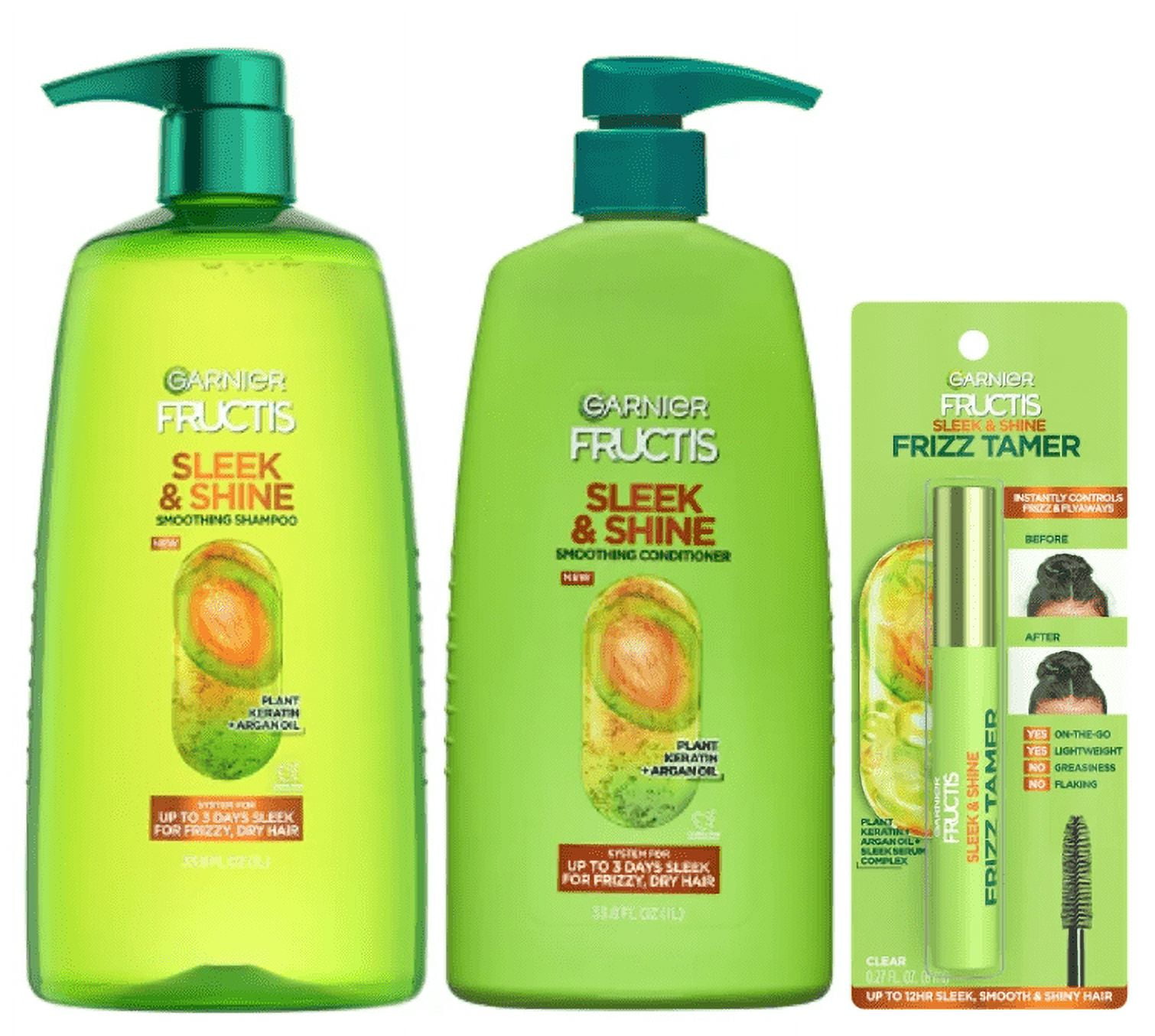 Garnier Fructis Sleek & Shine Smoothing Shampoo, Conditioner, & Styling Gel Set with Plant Keratin, 33.8 fl oz