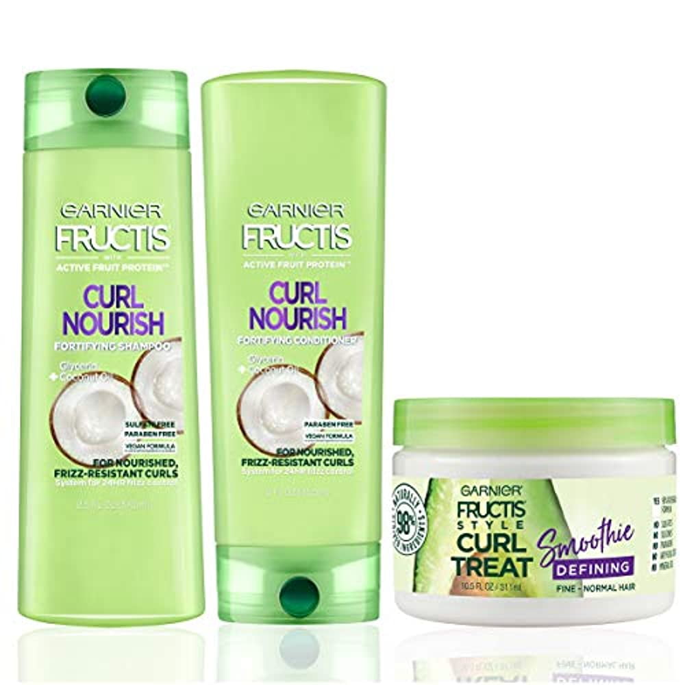 Garnier Care Fructis Curl Nourish Shampoo, Conditioner, & Natural Styling Curl Treat Smoothie, Nourish for Frizz Resistant Curls, Frizz Free up to 24 Hours, Paraben Free,1 Kit - Walmart.com