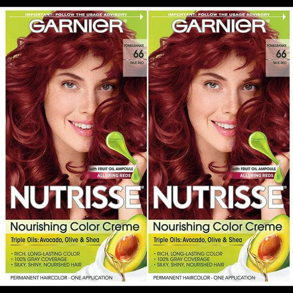 Garnier Hair Color Nutrisse Nourishing Creme, 66 True Red (Pomegranate) Permanent Hair Dye, 2 Count (Packaging May Vary)