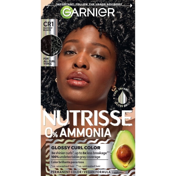 Garnier Nutrisse 0% Ammonia Glossy Curl Nourishing Permanent Hair Color Kit, CR1 Glossy Black, 1 Kit