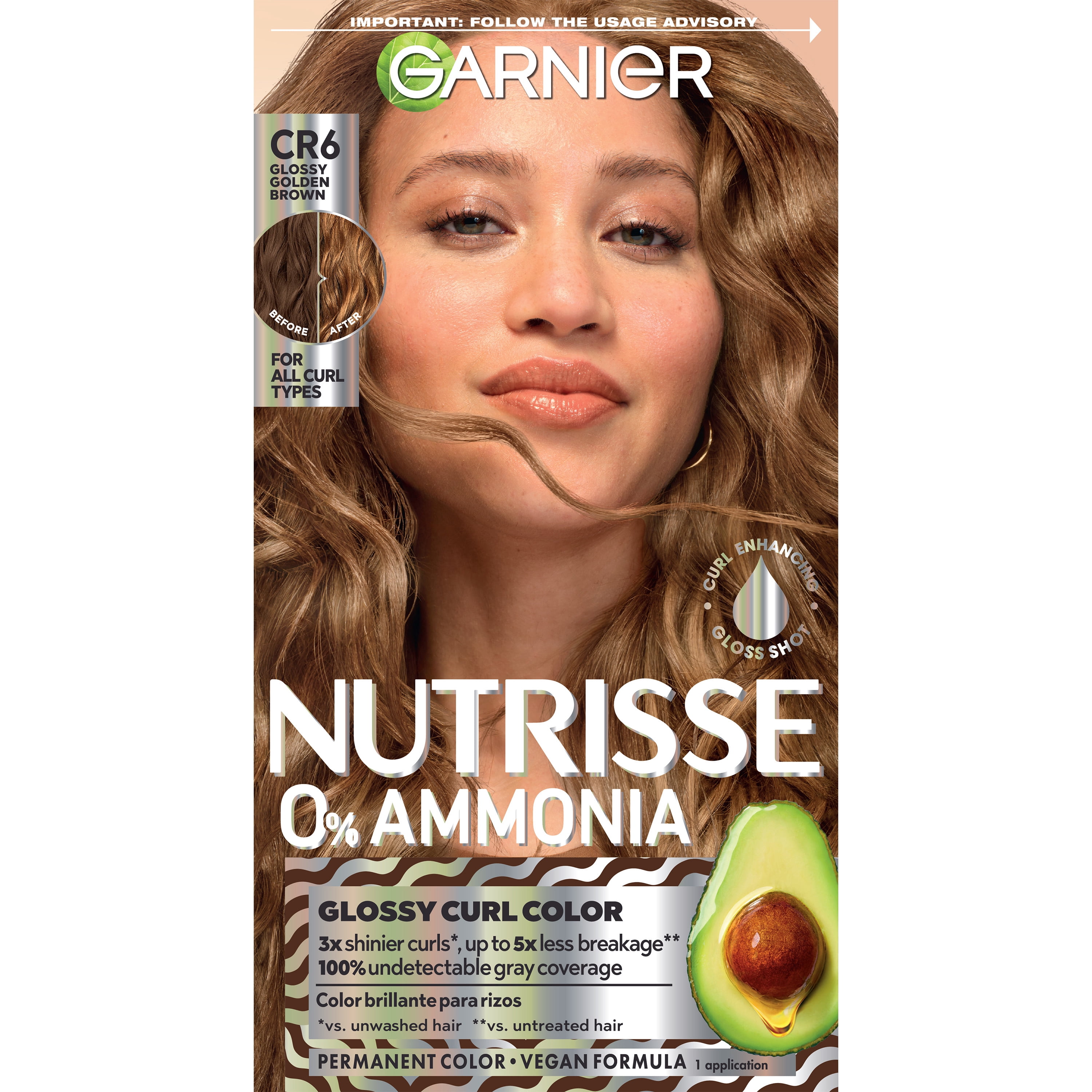 Garnier Nutrisse 0% Ammonia Glossy Curl Nourishing Permanent Hair Color Kit, CR6 Glossy Golden Brown, 1 Kit