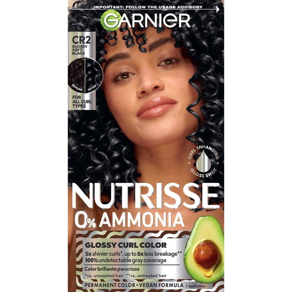 Garnier Nutrisse 0% Ammonia Nourishing Hair Color Glossy Curl Color, Glossy Soft Black CR2