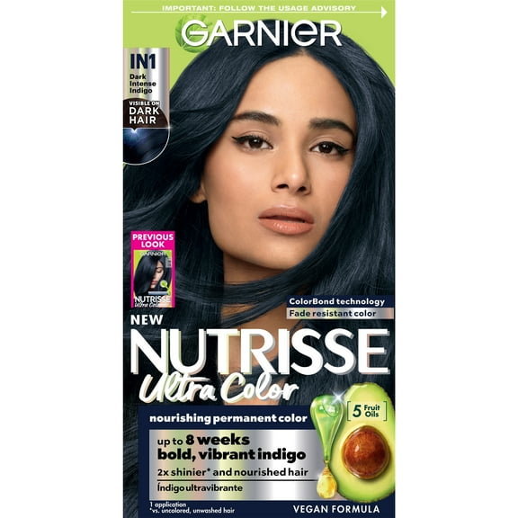 Garnier Nutrisse Ultra Nourishing Hair Color Creme,Permanent Hair Dye, IN1 Dark Intense Indigo, 1 Kit