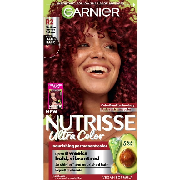 Garnier Nutrisse Ultra Nourishing Hair Color Creme, R2 Medium Intense Auburn, 1 Kit