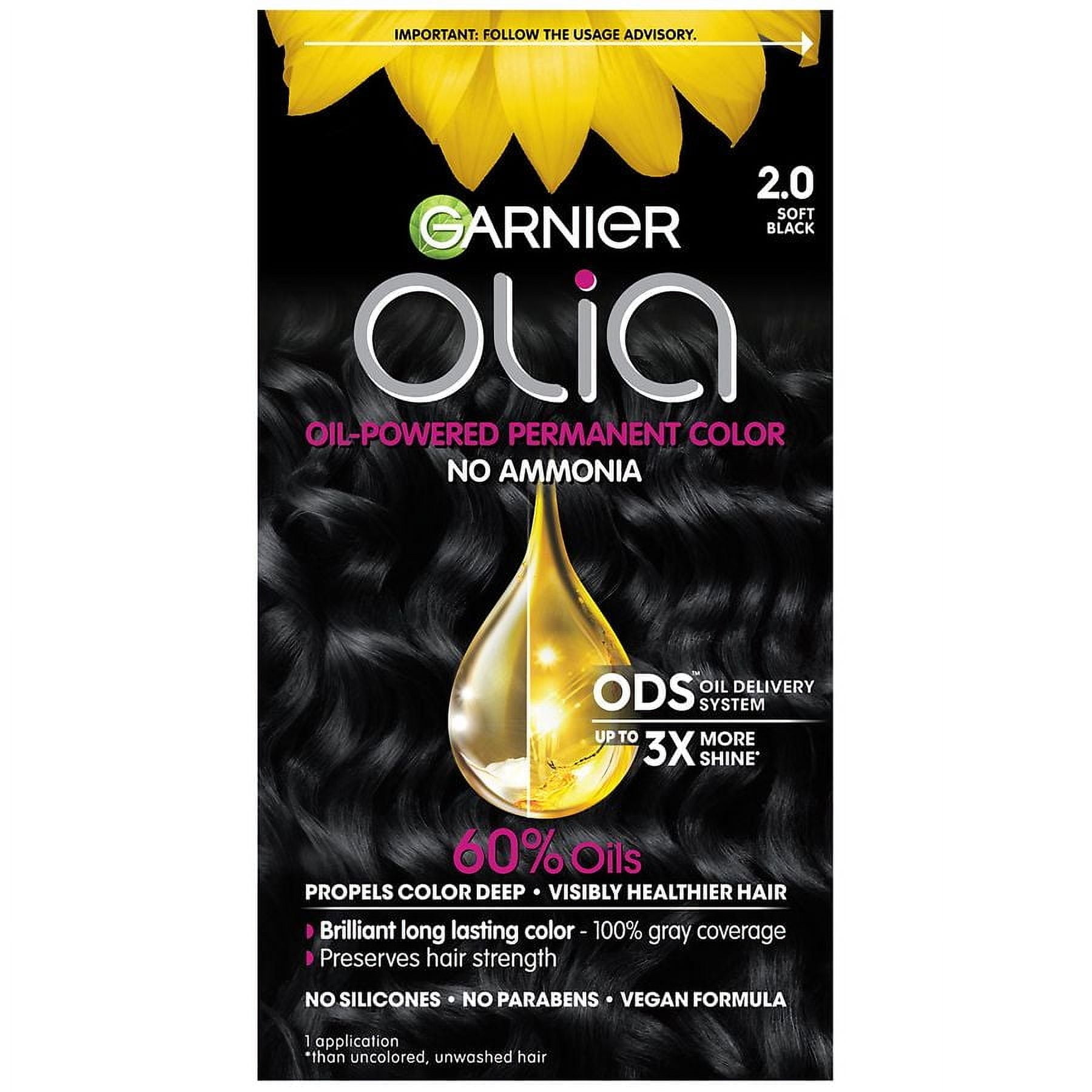 Garnier Olia Oil Powered Ammonia Free Permanent Hair Color, 2.0 Soft Black 1.0 set Pack of 2