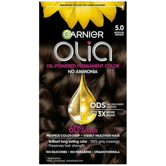 Garnier Olia Oil Powered Ammonia Free Permanent Hair Color, 5.0 Medium Brown 1.0 set Pack of 2