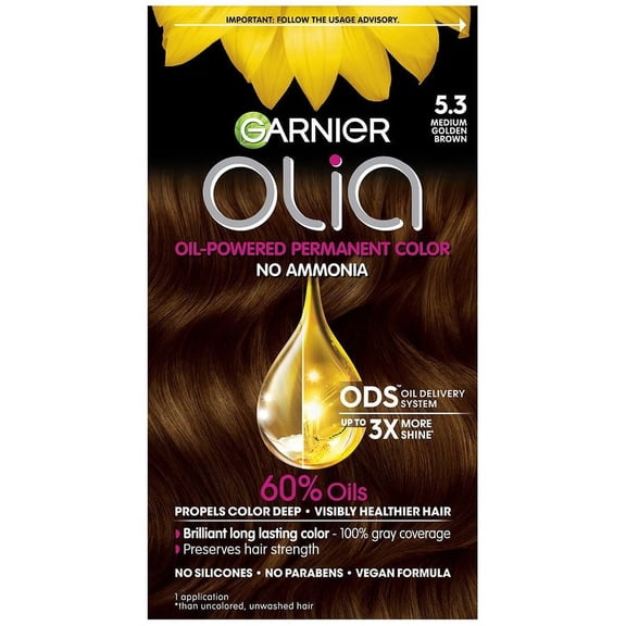 Garnier Olia Oil Powered Ammonia Free Permanent Hair Color, 5.3 Medium Golden Brown 1.0 set Pack of 2