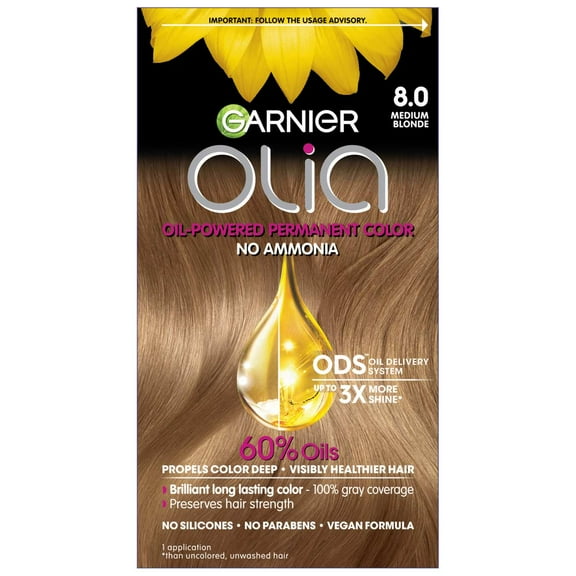 Garnier Olia Oil Powered Ammonia Free Permanent Hair Color, 8.0 Medium Blonde 1.0 set Pack of 2