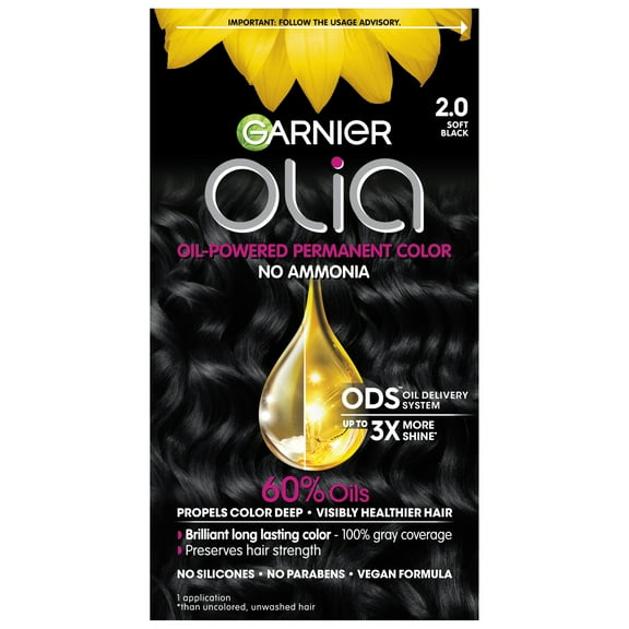 Garnier Olia Oil Powered Permanent Hair Color, 2.0 Soft Black, 1 Kit