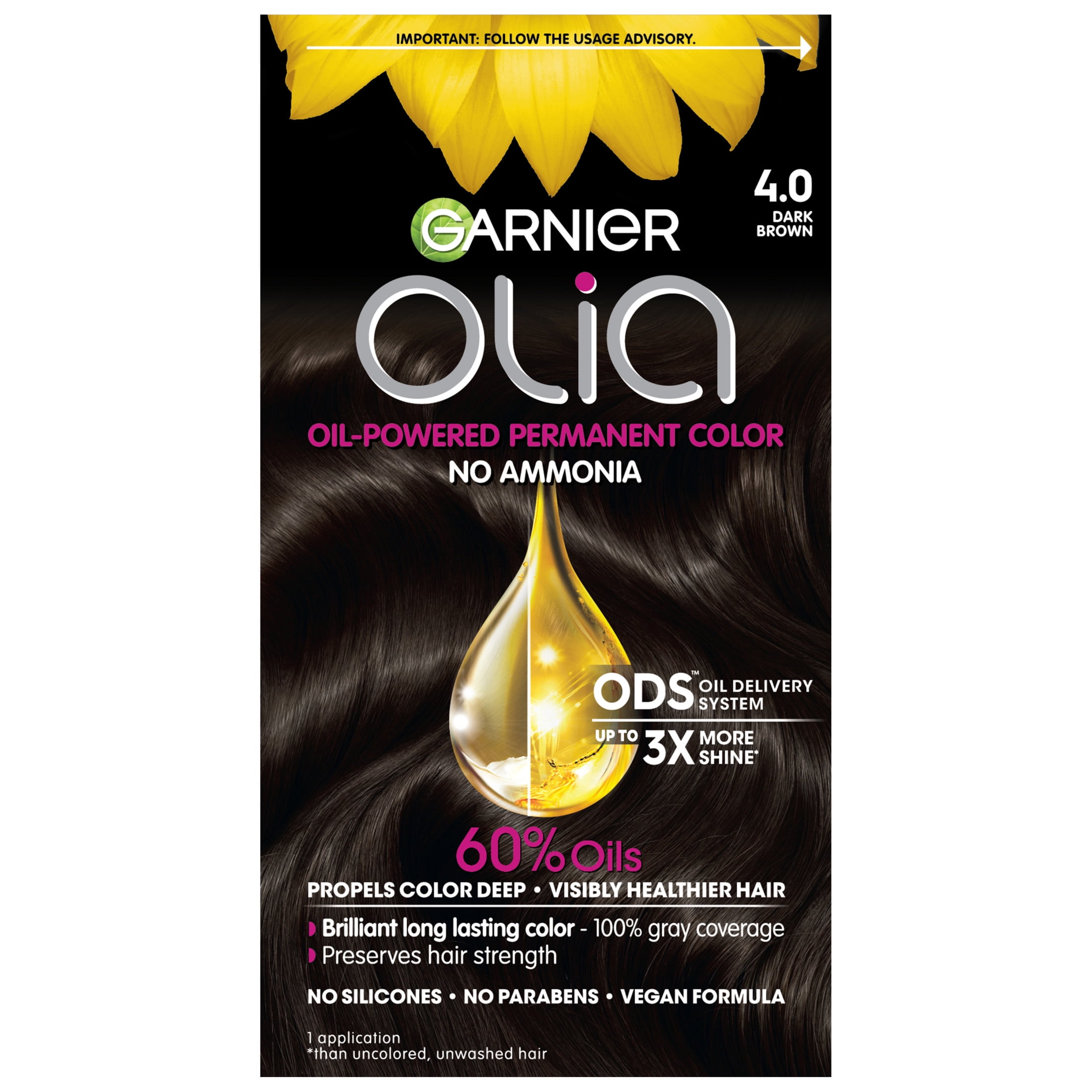 Garnier Olia Oil Powered Permanent Hair Dye Colour, 4.0 Dark Brown, Ammonia Free