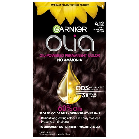 Garnier Olia Oil Powered Permanent Hair Color, 4.12 Dark Iridescent Brown