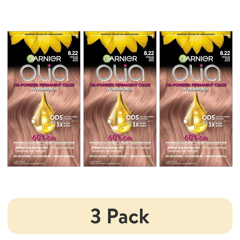 3 pack Garnier Olia Oil Powered Permanent Hair Color 8.22 Medium Rose Gold
