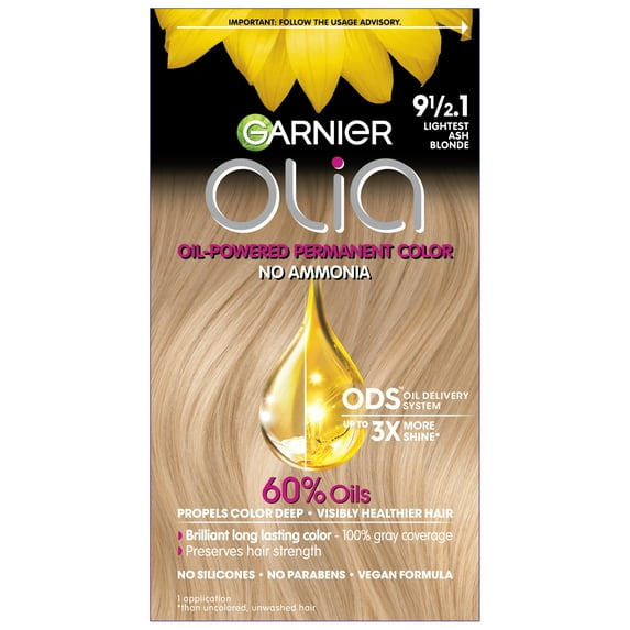 Garnier Olia Oil Powered Permanent Hair Color, 9.1/2.1 Lightest Ash Blonde