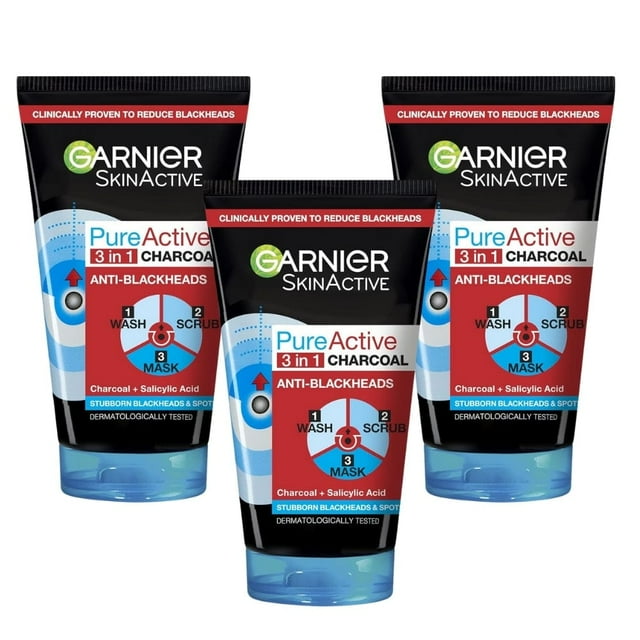 Garnier Pure Active Intensive 3in1 Charcoal Anti-Blackhead, Face Cleanser 50 ml 3 Pack