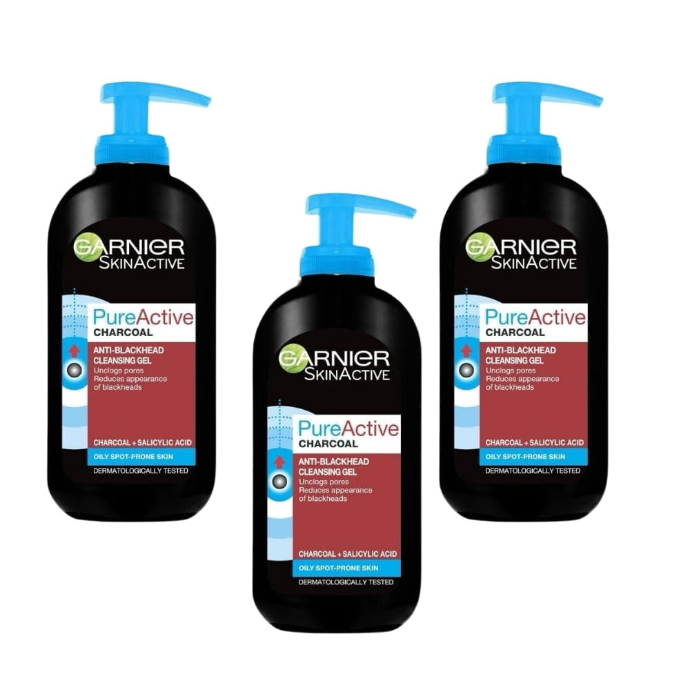 Garnier Pure Active Intensive Anti-Blackhead Charcoal Cleansing Gel Wash 200ml 3 Pack
